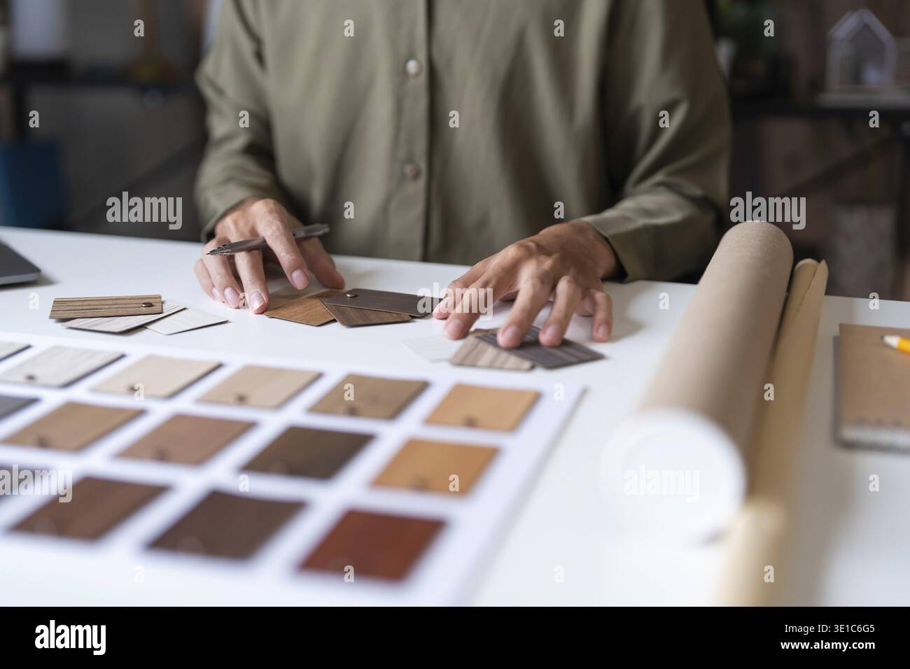 Architecture interior Man Creative project plan designer home and Choose interior materials Stock Photo