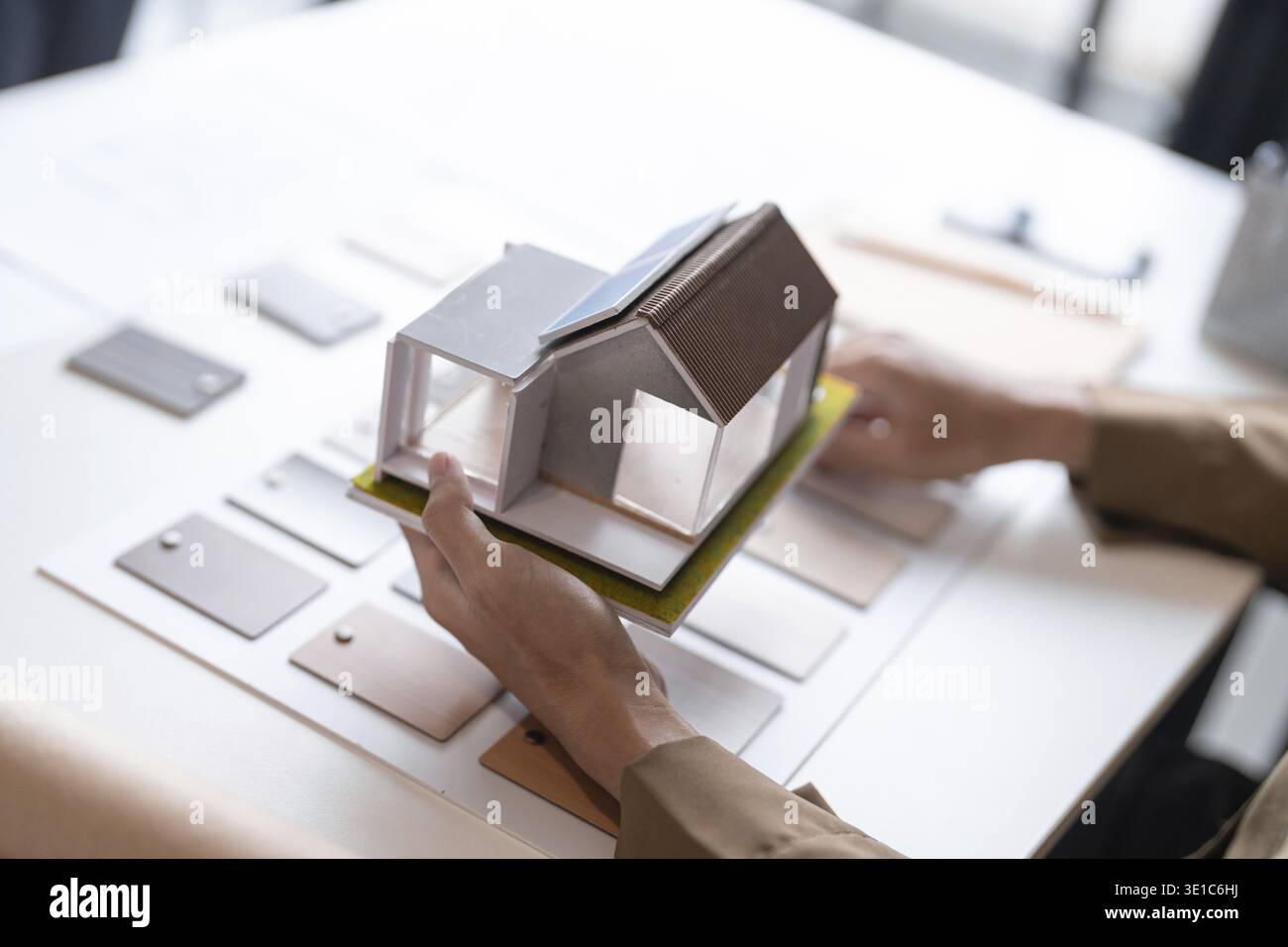 Architecture interior Man Creative project plan designer home and Choose interior materials Stock Photo