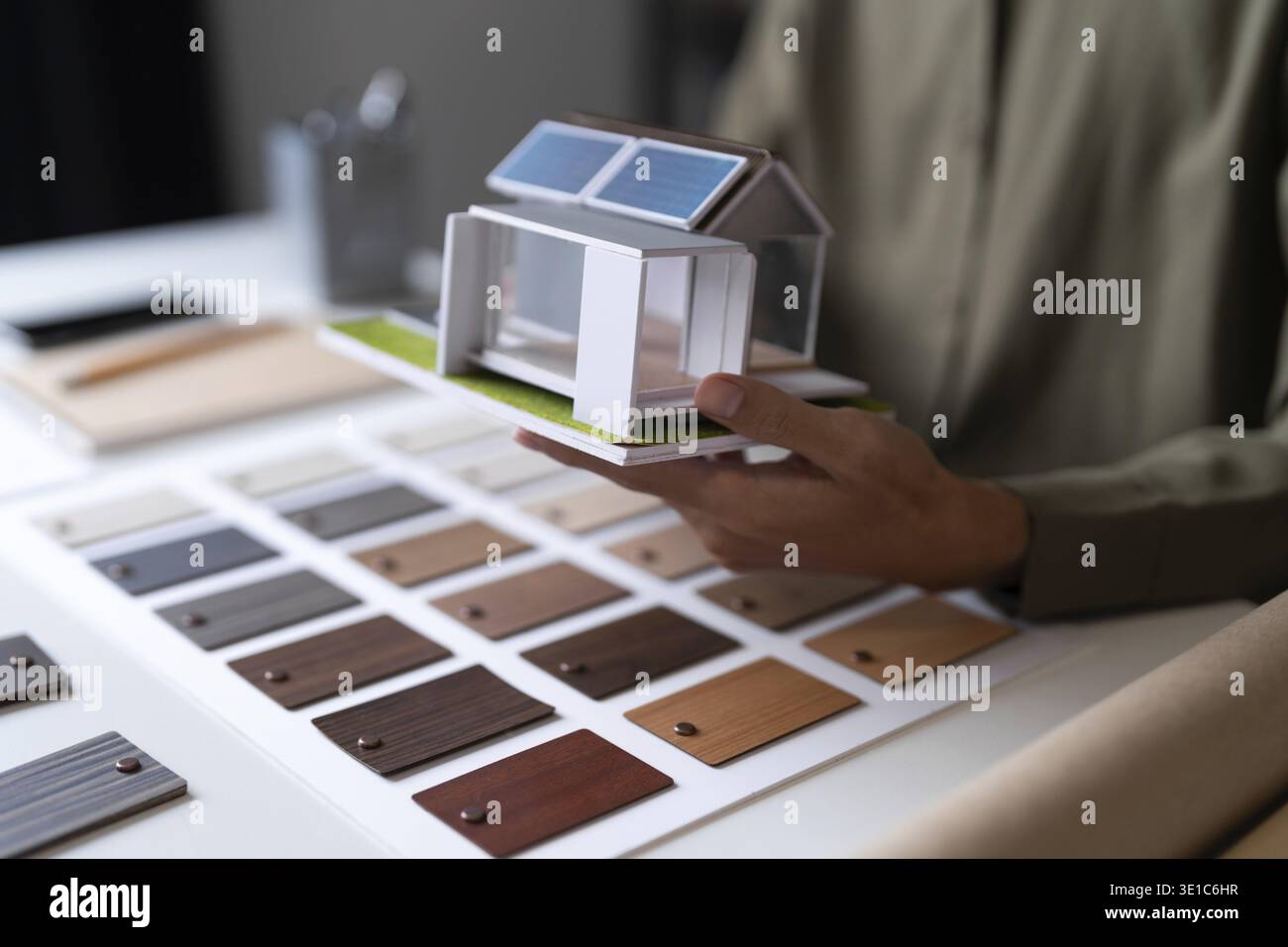 Architecture interior Man Creative project plan designer home and Choose interior materials Stock Photo
