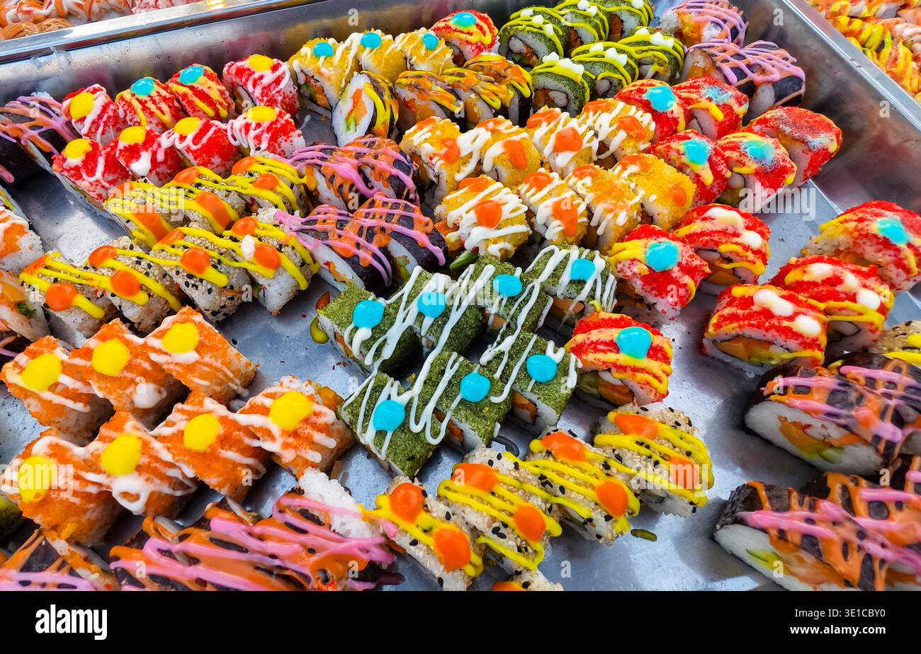 tray of assorted sushi, street food stall in Phnom Penh, Cambodia Stock Photo