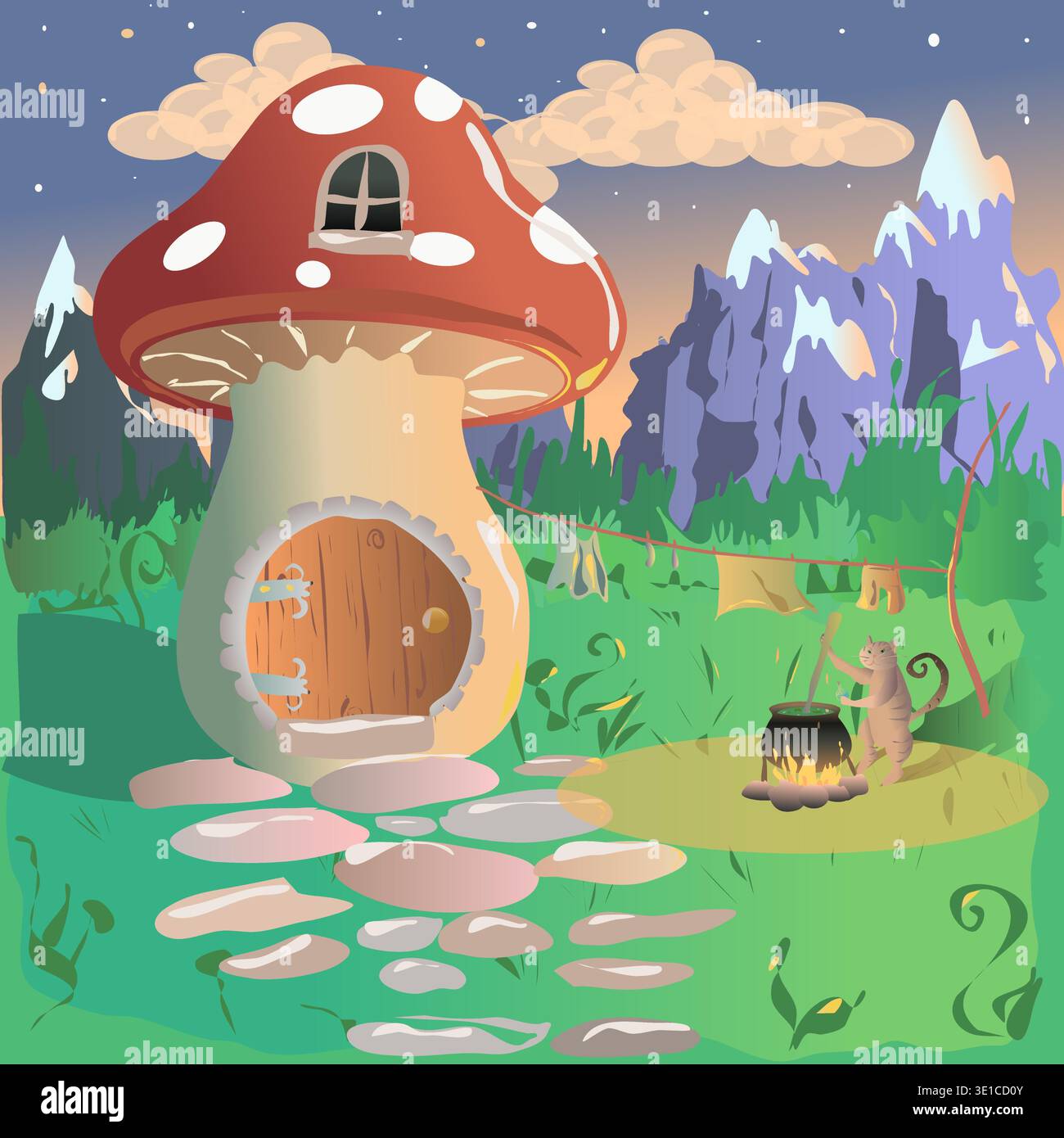 The house is a mushroom and a cat nearby, brewing a potion, a potion, a medicine in a cauldron. Vector illustration. In his yard, the cat Sorcerer brews a potion in the evening on the fire. Mountains and clouds in the background. Cat Shaman lives in nature and knows a lot about potion making Stock Vector