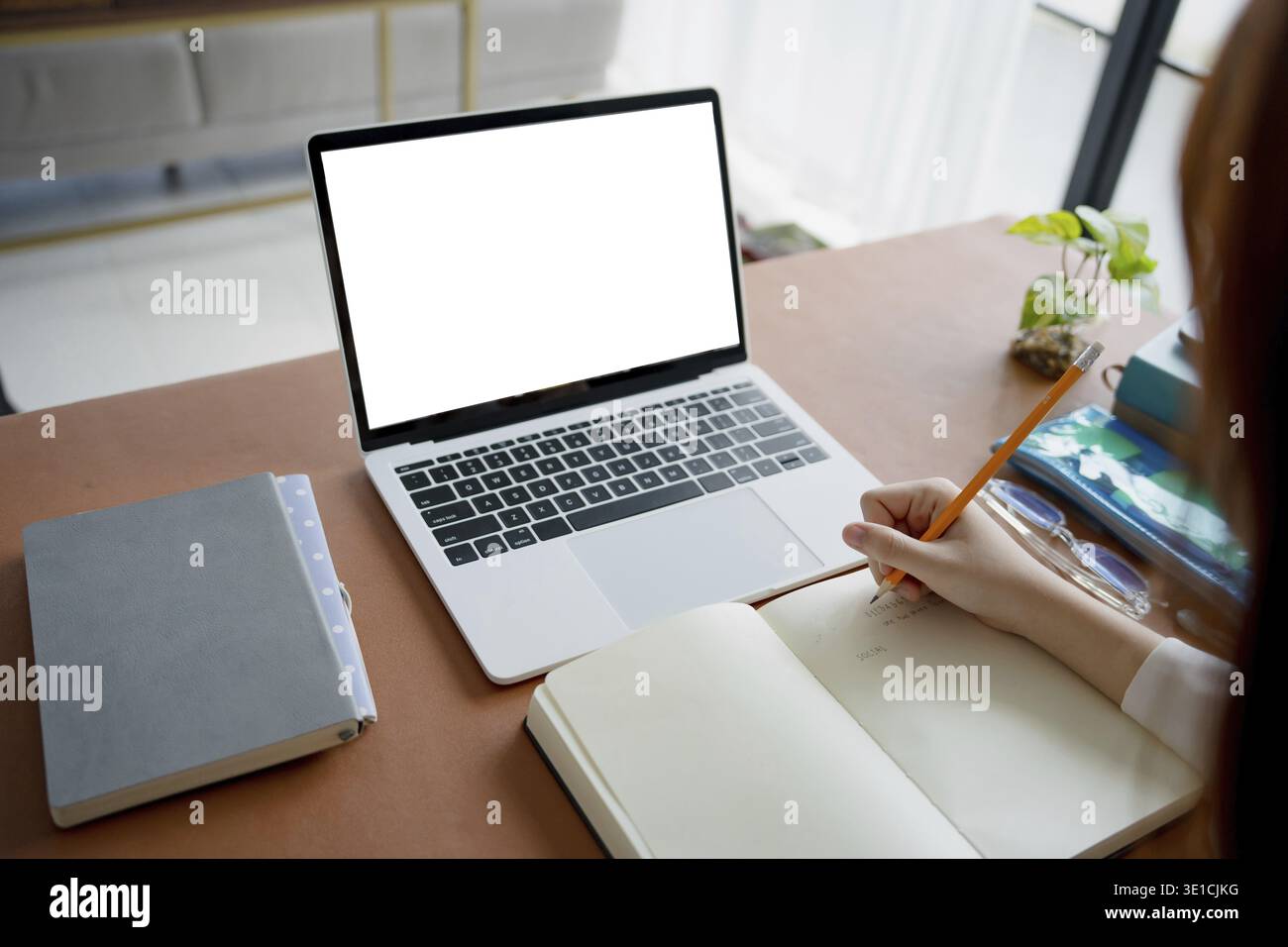 Students sitting at desk using laptop blank screen computer working in office mockup image blank screen computer white background Stock Photo