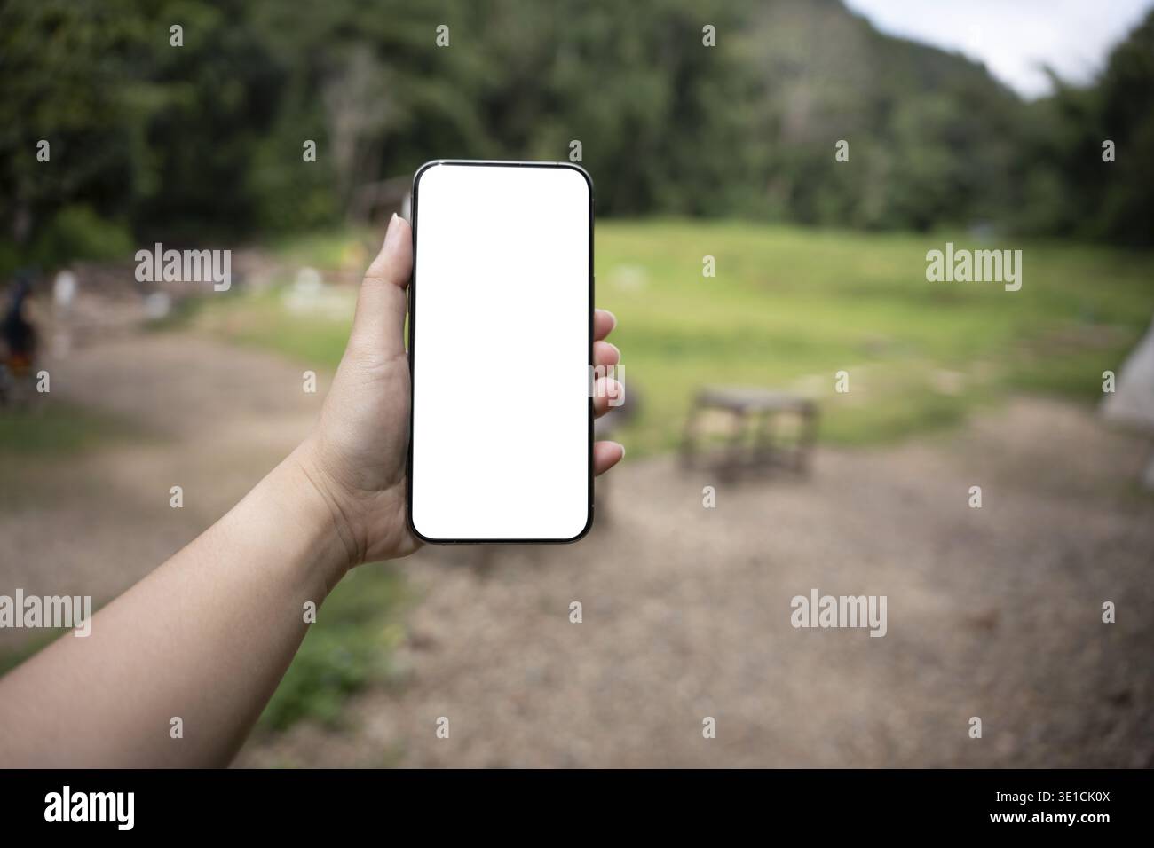 Smart phone mockup. Women hands holding cell telephone blank copy space screen smartphone blank white screen isolated technology Stock Photo