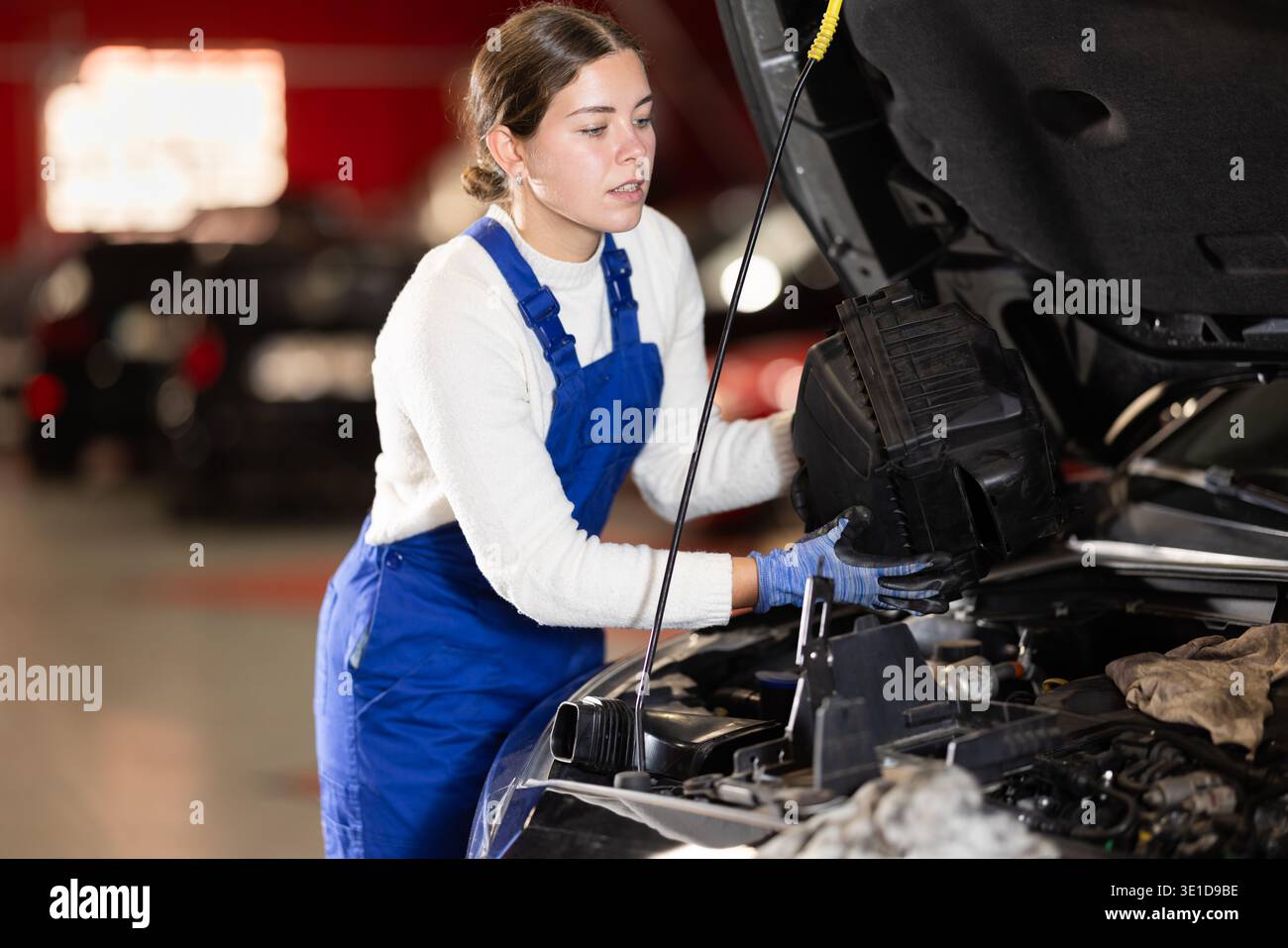 Female mechanic changing air filter in car engine Stock Photo