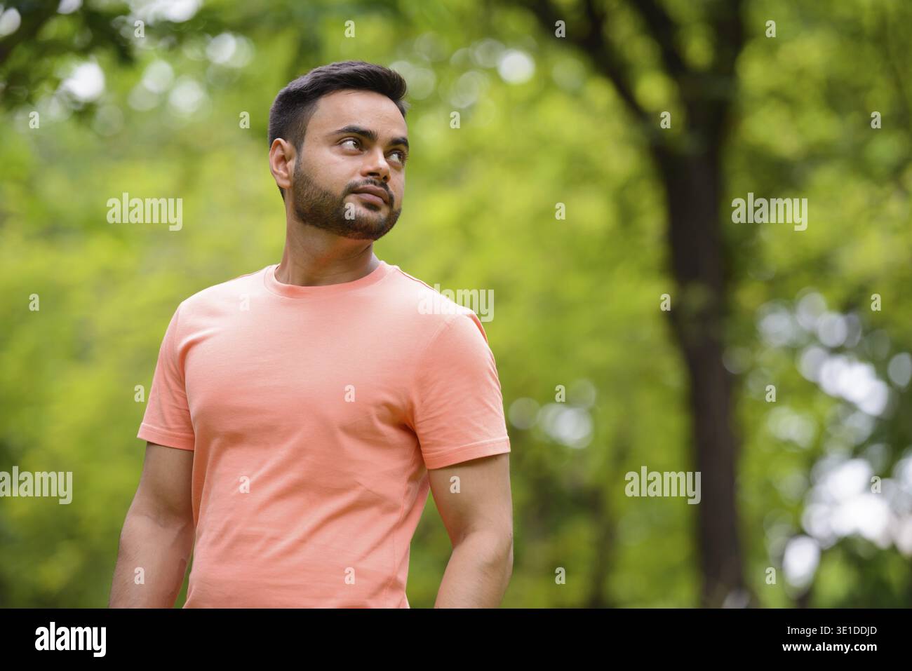 Portrait of young handsome bearded Indian man at the park outdoors Stock Photo