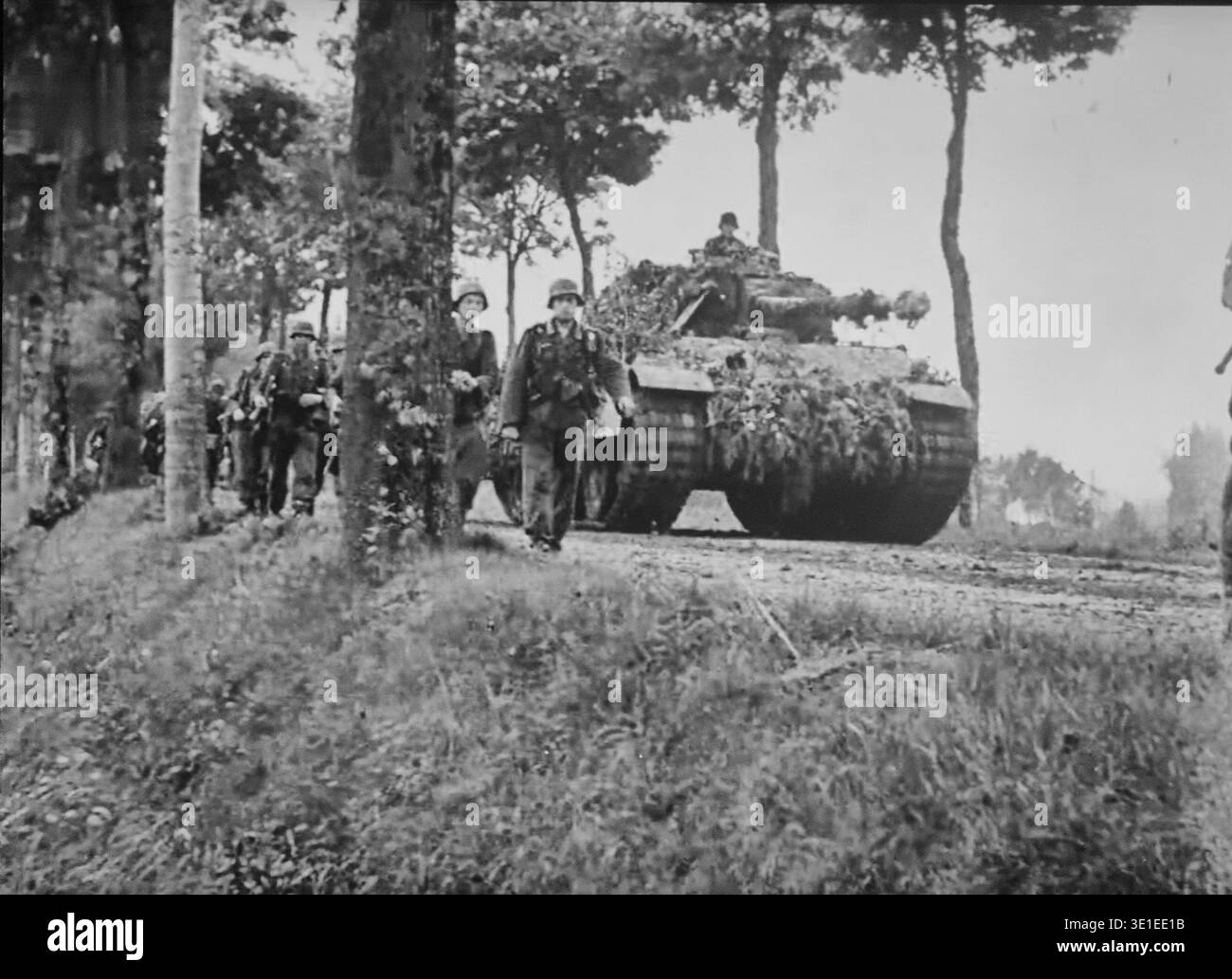 World War Two B&W Photo German Soldiers advance alongside a Panther ...