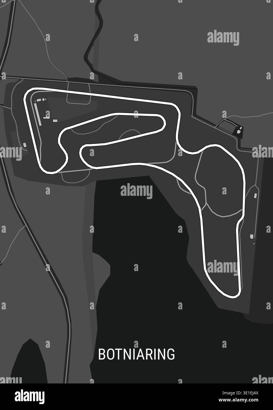 A minimalist, grayscale map of the Botniaring race track. The track is ...