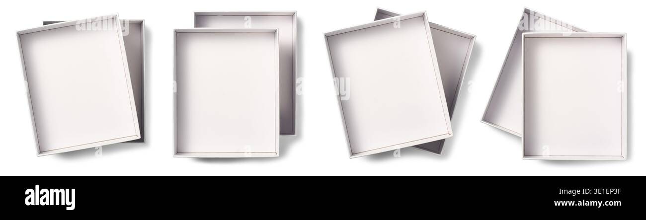 set of empty cardboard boxes isolated white background, rectangular paper packaging mockup template, top view with shadows Stock Photo