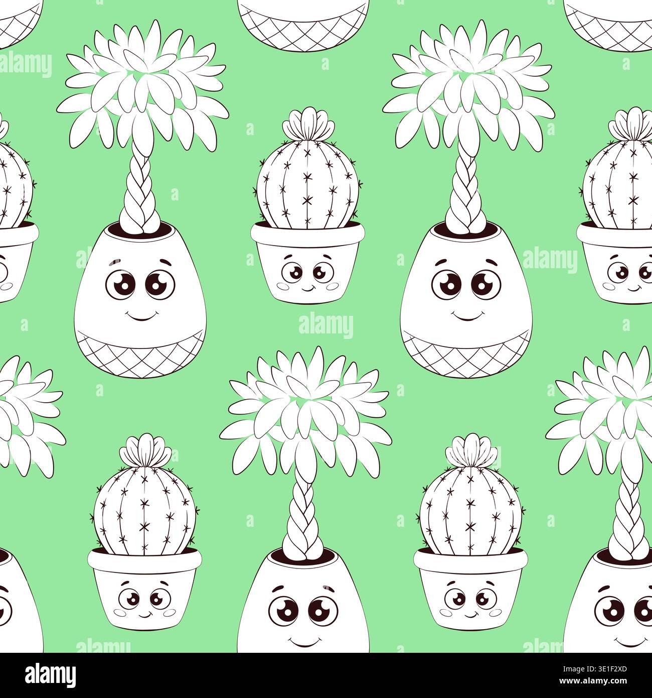 seamless pattern with cute potted plants on green background with smiling faces Stock Vector