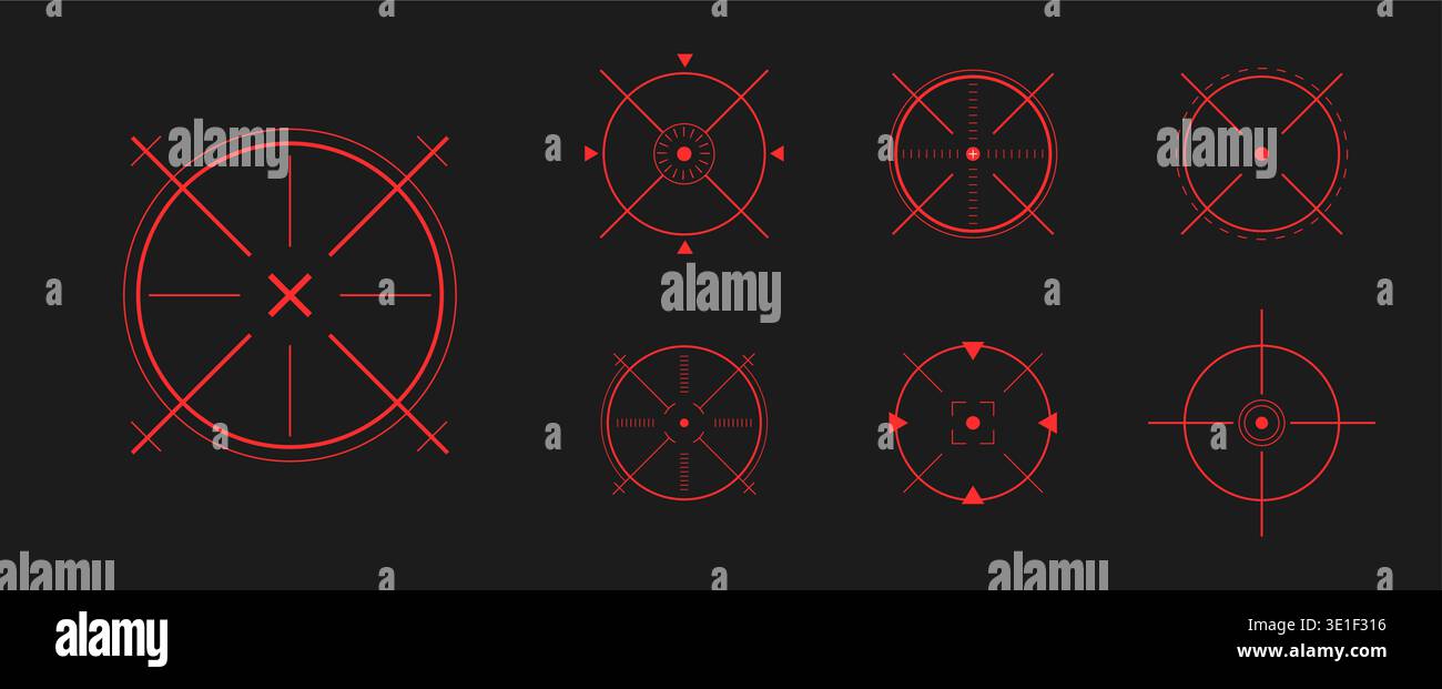 Crosshair Hud red. Glowing neon light and laser Hud set. Various icons ...