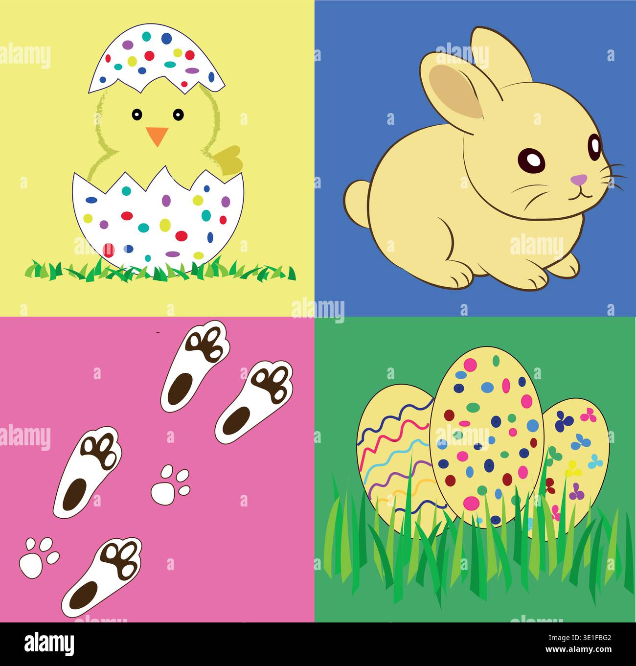 Four-Quadrant Easter Vector Background with Rabbit, Bunny Tracks and Easter Eggs. Stock Vector
