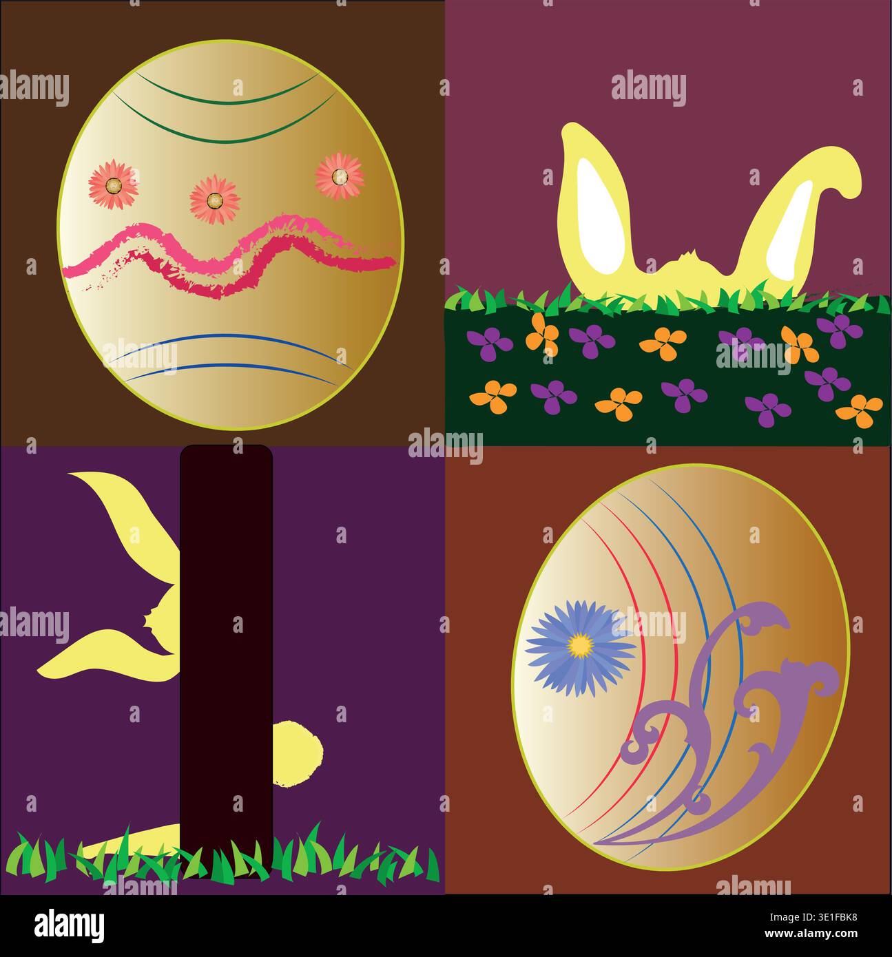 Four-Quadrant Easter Vector Background with Decorated Eggs and Hidden Rabbit Ears Stock Vector