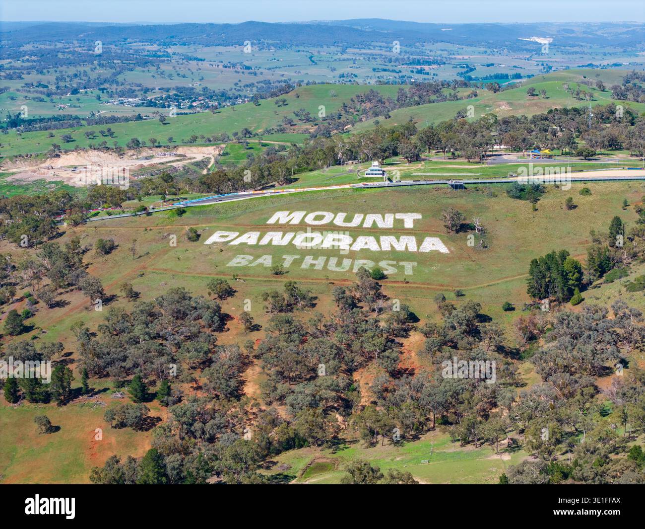 An aerial perspective reveals the large white 'Mount Panorama Bathurst ...