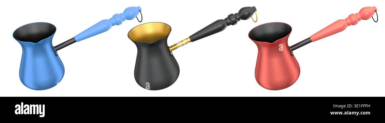 Set of colorful cezve coffee pots filled with coffee beans, isolated on ...