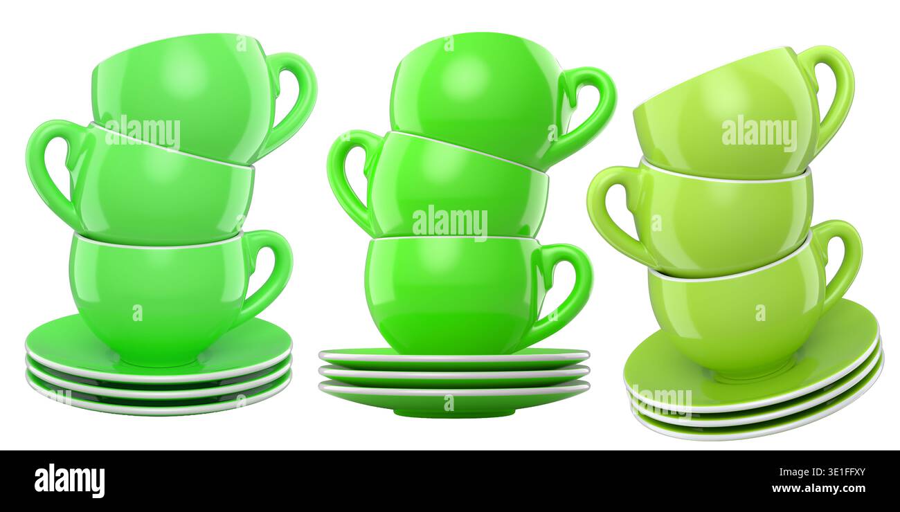 Set of glossy ceramic coffee cups with matching saucers isolated on ...