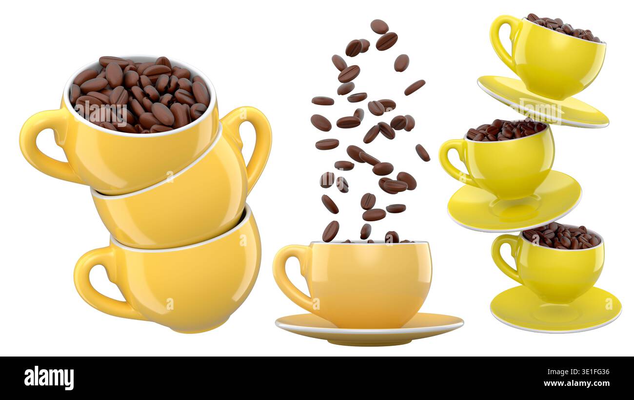 Set of ceramic coffee cups filled with roasted coffee beans, glossy ...
