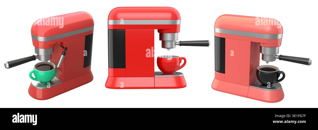 Set of colorful espresso coffee machines with matching cups, isolated ...