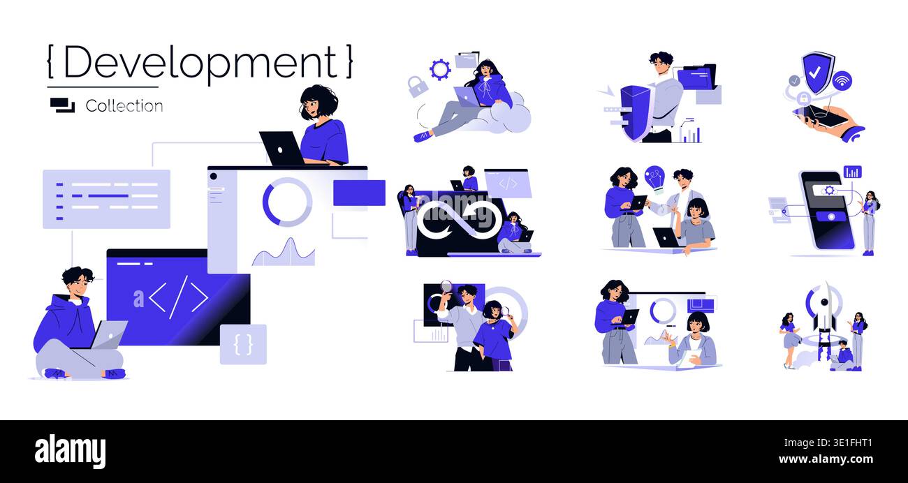 Vector illustration set showcasing various digital development activities. Depicts teamwork, cloud computing, cybersecurity, mobile development, and innovative tech solutions. Stock Vector
