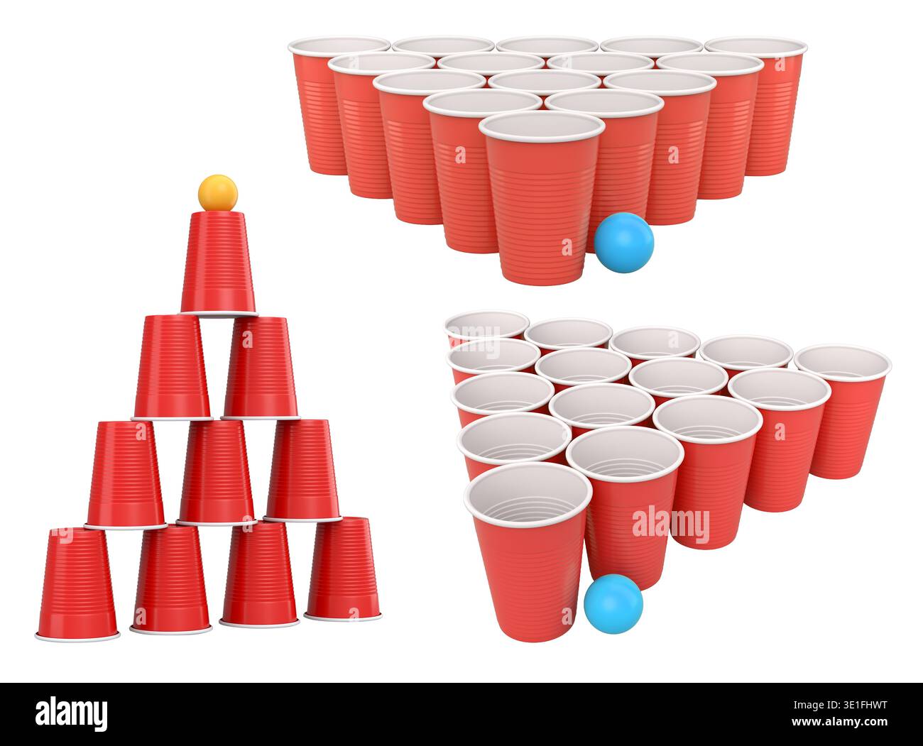 Set of plastic cups and colorful ping pong balls isolated on white ...