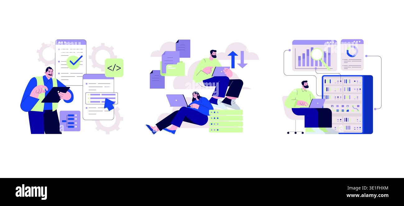 Vector illustration depicting teamwork in software development. Individuals are engaged in coding, data analysis, and system management, illustrating collaborative tech work environments. Stock Vector