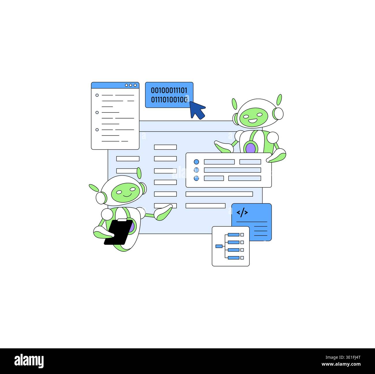 Vector illustration of two cheerful robots collaborating on software development, exchanging ideas and coding. Includes digital elements like code, forms, and binary numbers. Stock Vector