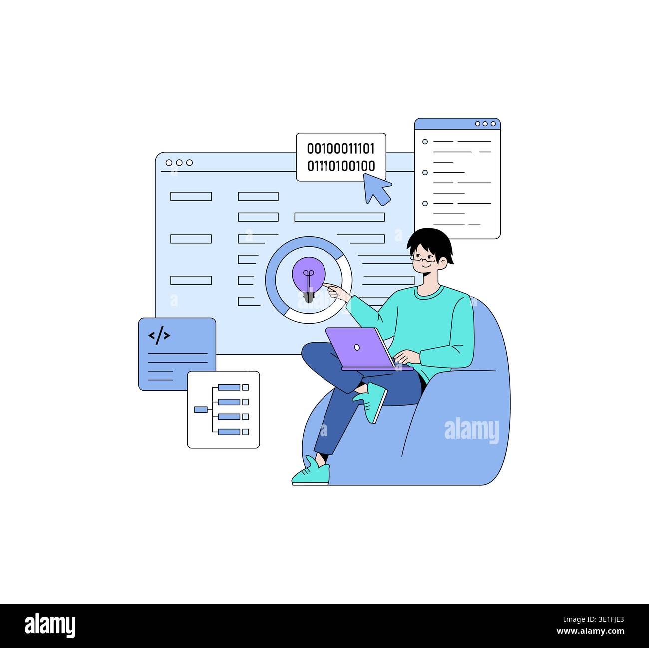 Vector illustration of a person seated on a beanbag working on a laptop surrounded by coding elements. The person interacts with digital content depicting programming and binary code. Stock Vector