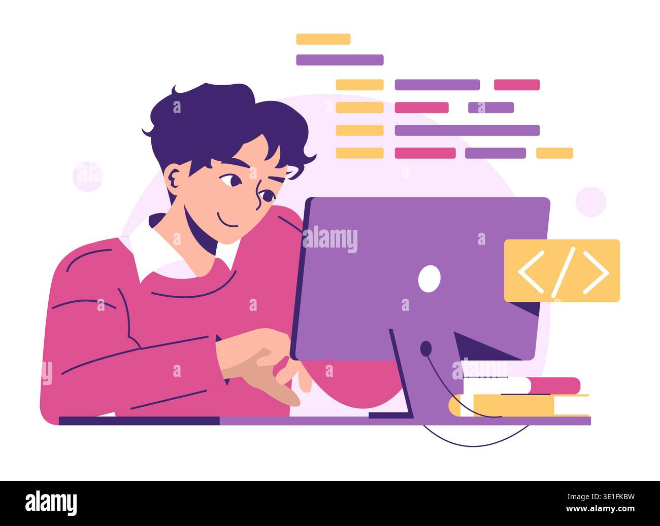 Vector illustration of a focused programmer working on a computer, typing code. The lively colors and coding symbols emphasize the programming theme, highlighting creative energy. Stock Vector