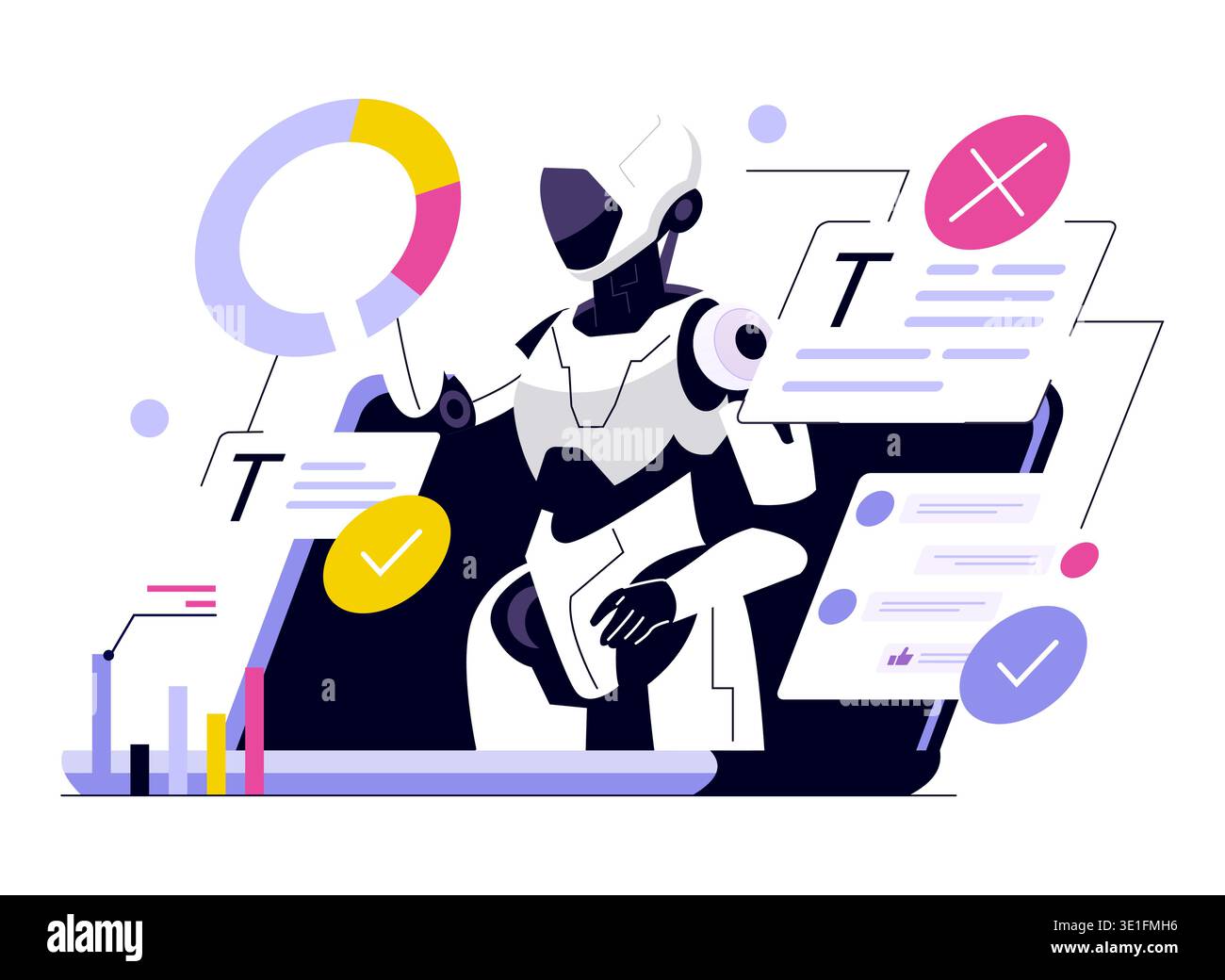 Futuristic vector illustration depicting an AI robot engaged in data analysis. The robot interacts with digital graphs and charts, highlighting technology and automation themes. Stock Vector