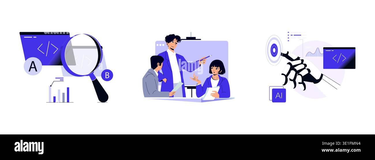 Vector illustration depicting teamwork in a code review session with people analyzing code, sharing ideas, and discussing solutions. Includes charts and technical elements for context. Stock Vector