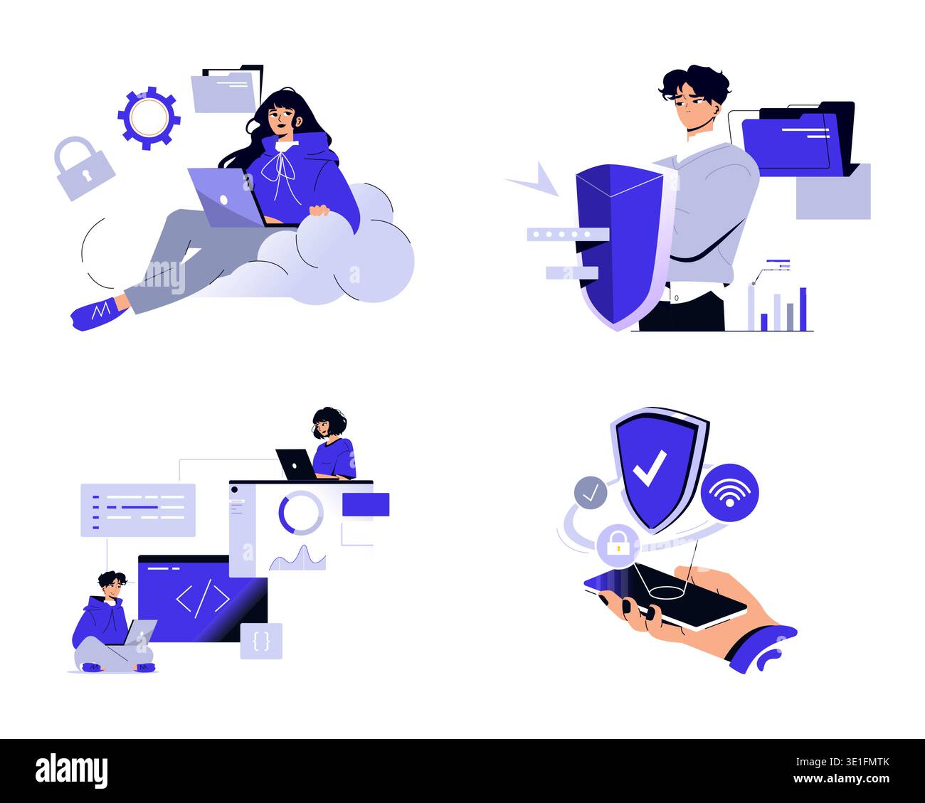 Vector illustration showcasing cybersecurity professionals engaged in cloud computing, coding, and mobile security. Features digital shield, coding environments, and secure mobile connectivity. Stock Vector