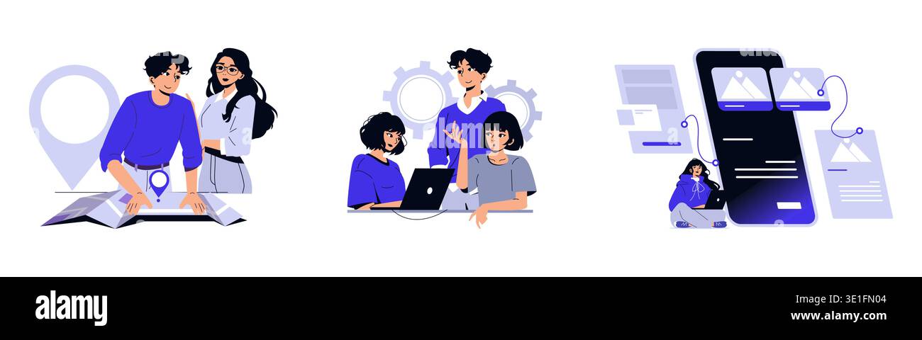 Vector illustration highlighting team collaboration, app development, and digital strategy. Depicts teamwork in planning, coding, and user interface design with dynamic interactions. Stock Vector
