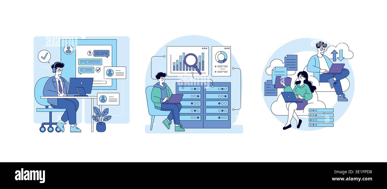 Vector illustration depicting professionals engaging in IT tasks using laptops. Scenes include technical support, data analysis, and cloud computing, highlighting technology-driven collaboration. Stock Vector