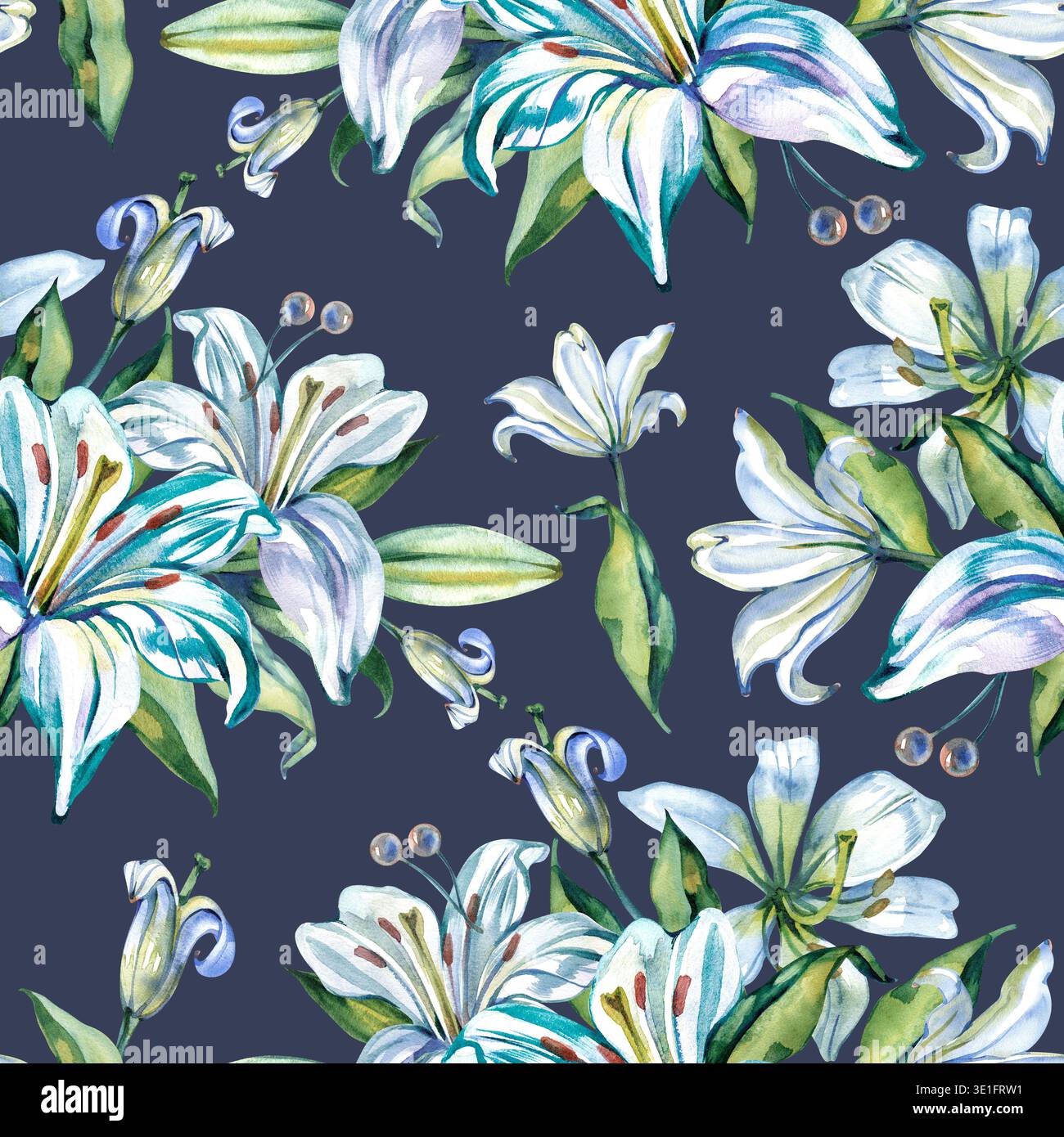 Elegant hand drawn watercolor seamless pattern featuring white and blue lily flower bouquets with green leaves. This botanical floral texture is Stock Photo