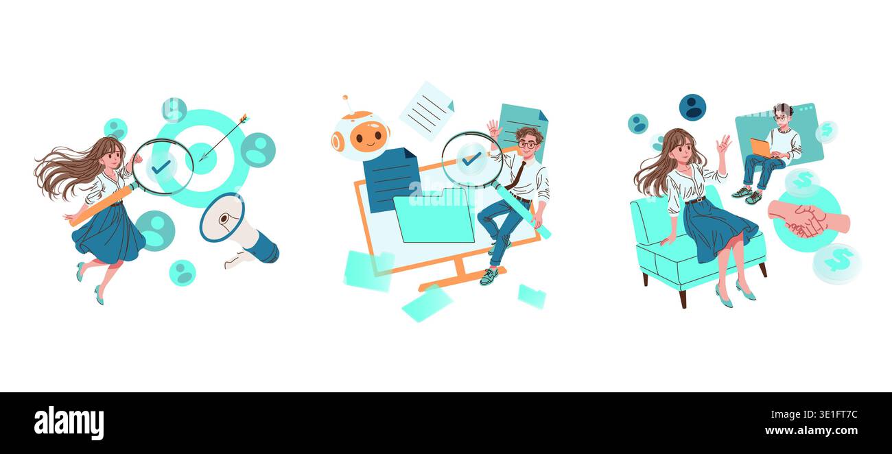 Vector illustration depicting business strategy and communication. Characters are shown analyzing targets, managing files with AI assistance, and engaging in business communication. Stock Vector