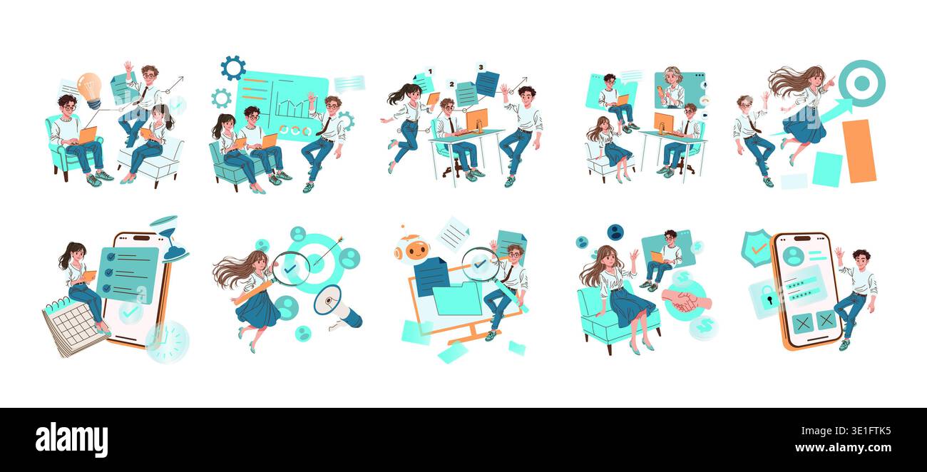 Vector illustration depicting a team collaborating on digital projects. Various scenes show teamwork, data analysis, and digital tools interaction, emphasizing tech innovation and cooperation. Stock Vector