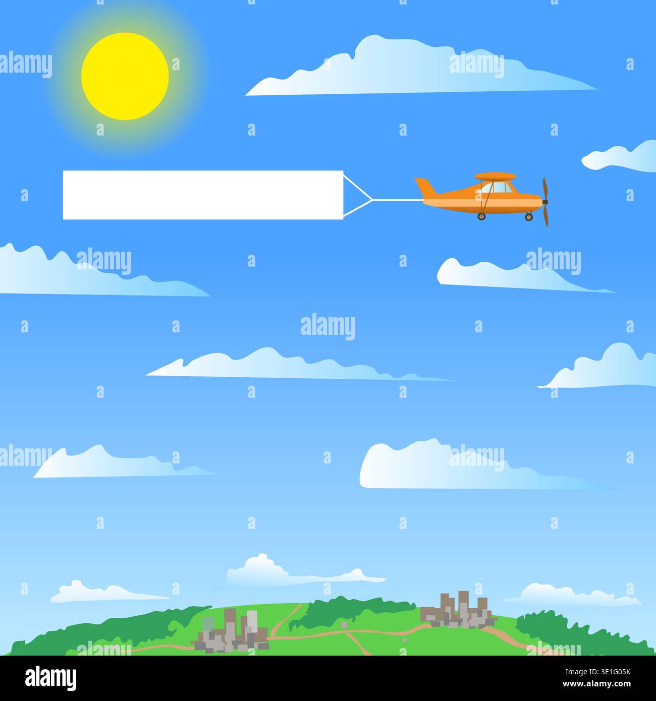 A plane with a banner flies over cities and forests. At the bottom, the cities are connected by a road, and in the sky there is the sun and light clou Stock Vector