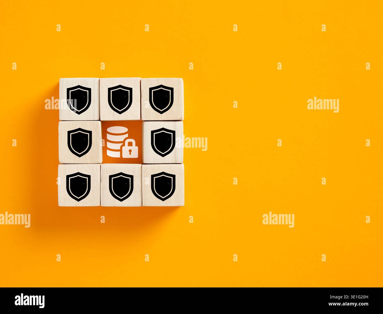 Database data secured with a lock icon surrounded by shield icons, representing strong data protection measures Stock Photo
