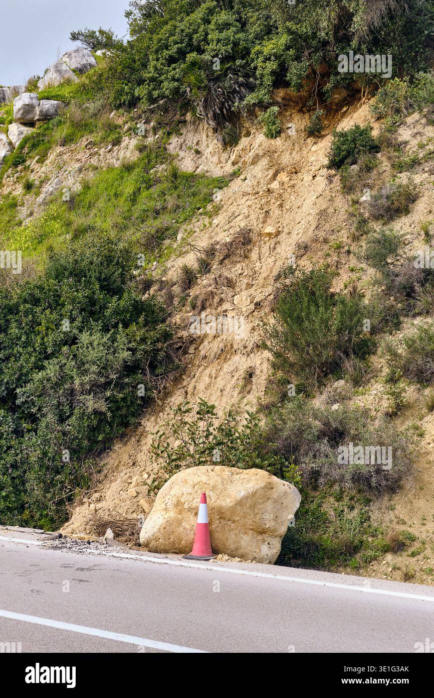 Landslide rock after heavy rainfall in winter 2026 in Andalucia Spain ...