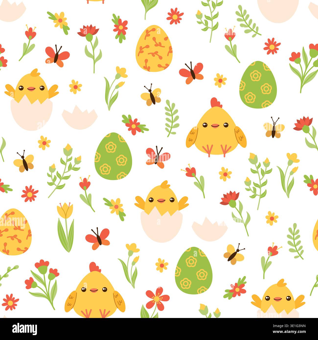 Easter pattern with cute chicks and eggs Stock Vector