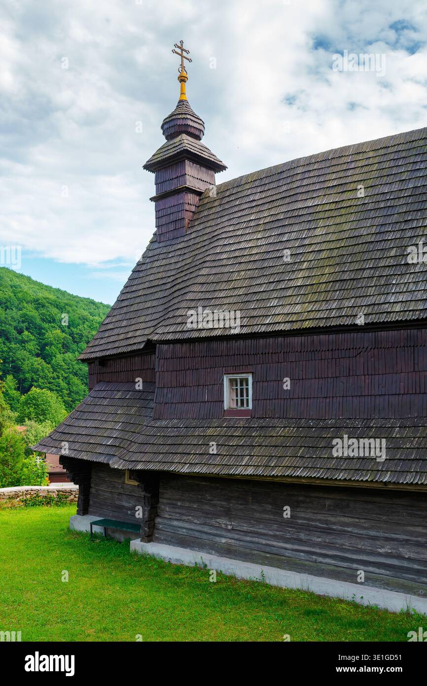 likitsary, transcarpathia, ukraine - 02 jul 2020: traditional wooden church architecture. likitsary, transcarpathia, ukraine - 02 jul 2020: traditiona Stock Photo