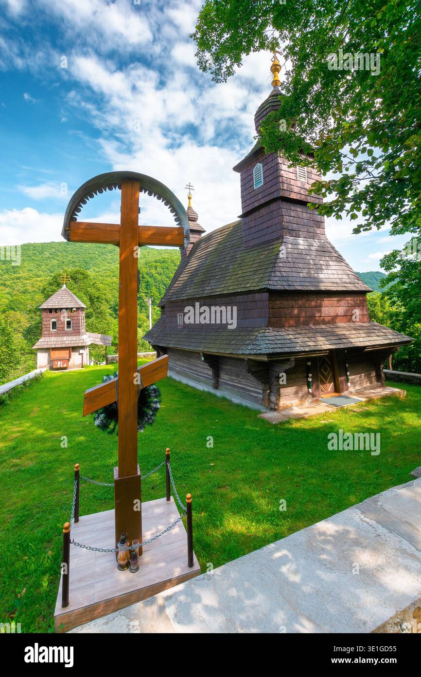 likitsary, transcarpathia, ukraine - 02 jul 2020: traditional wooden church architecture. likitsary, transcarpathia, ukraine - 02 jul 2020: traditiona Stock Photo