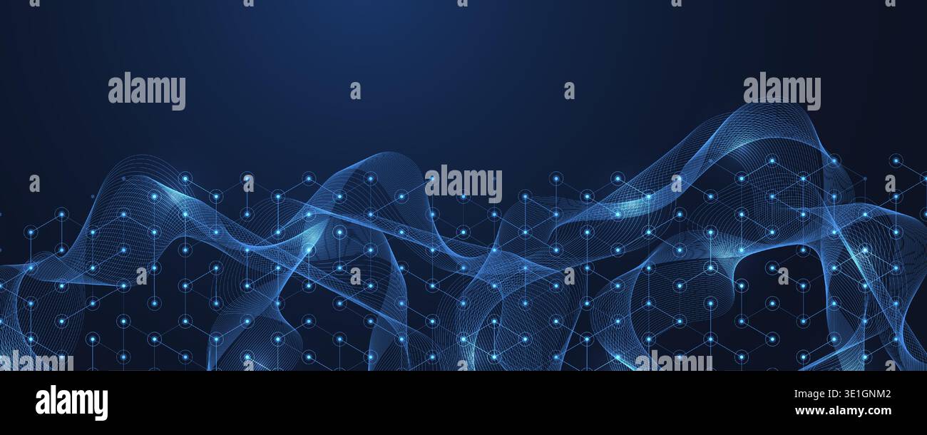 Modern technology vector illustration with square grid. Technology banner template cubes texture. Digital geometric abstraction with lines and dots Stock Vector