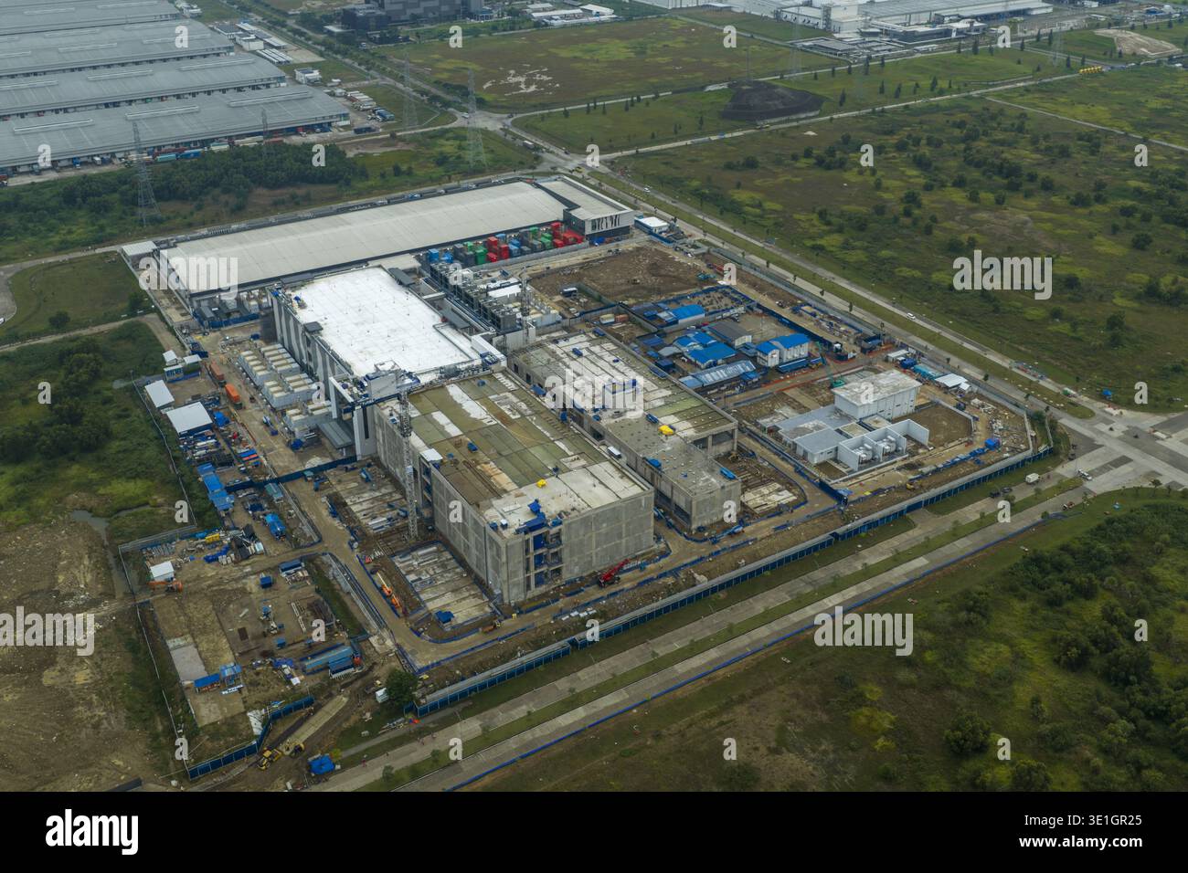 Aerial view of large scale data center construction site, showing ...