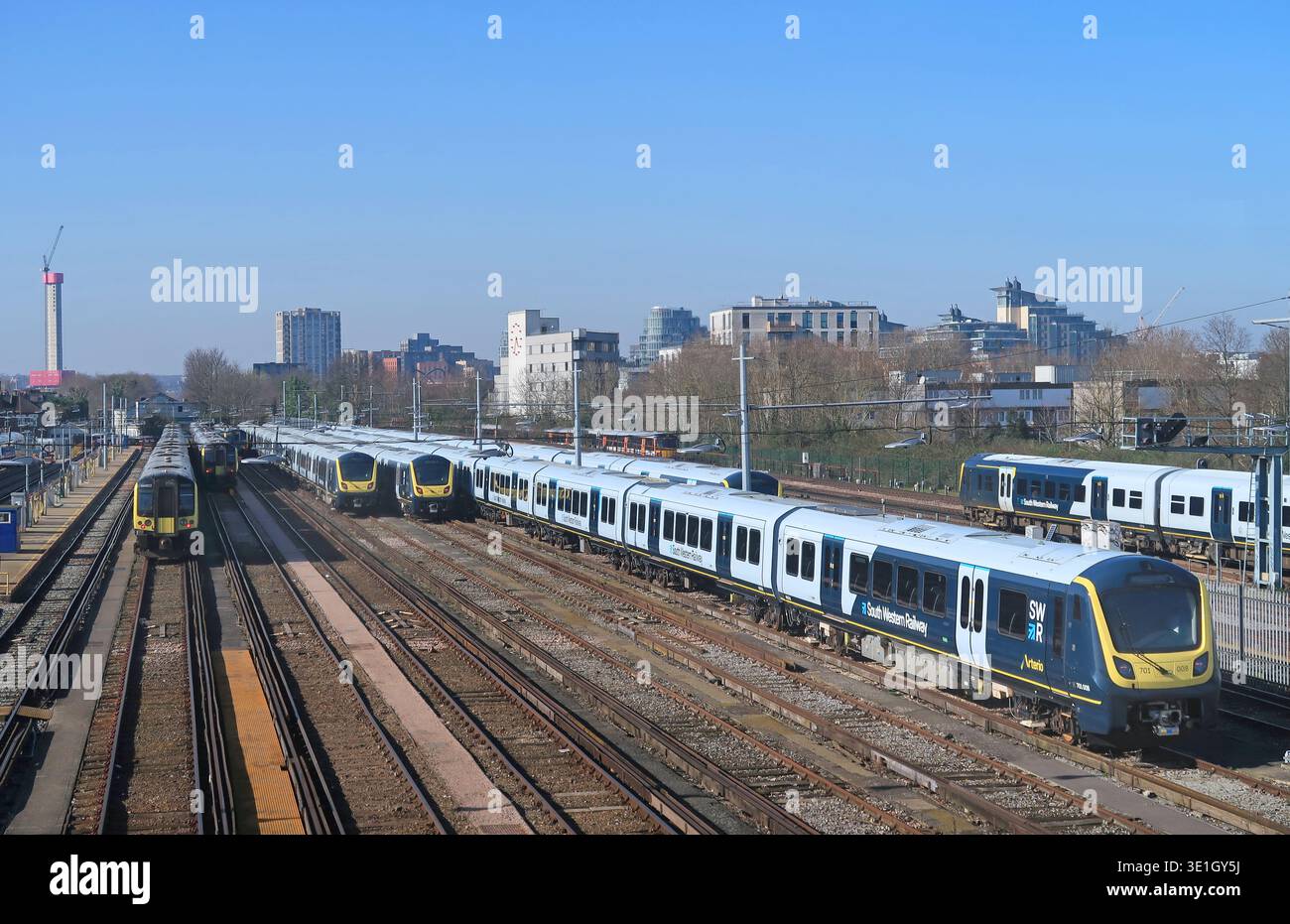 South Western Railway trains in sidings at Clapham Junction station in south London, UK (formerly Southwest Trains and now government run franchise) Stock Photo