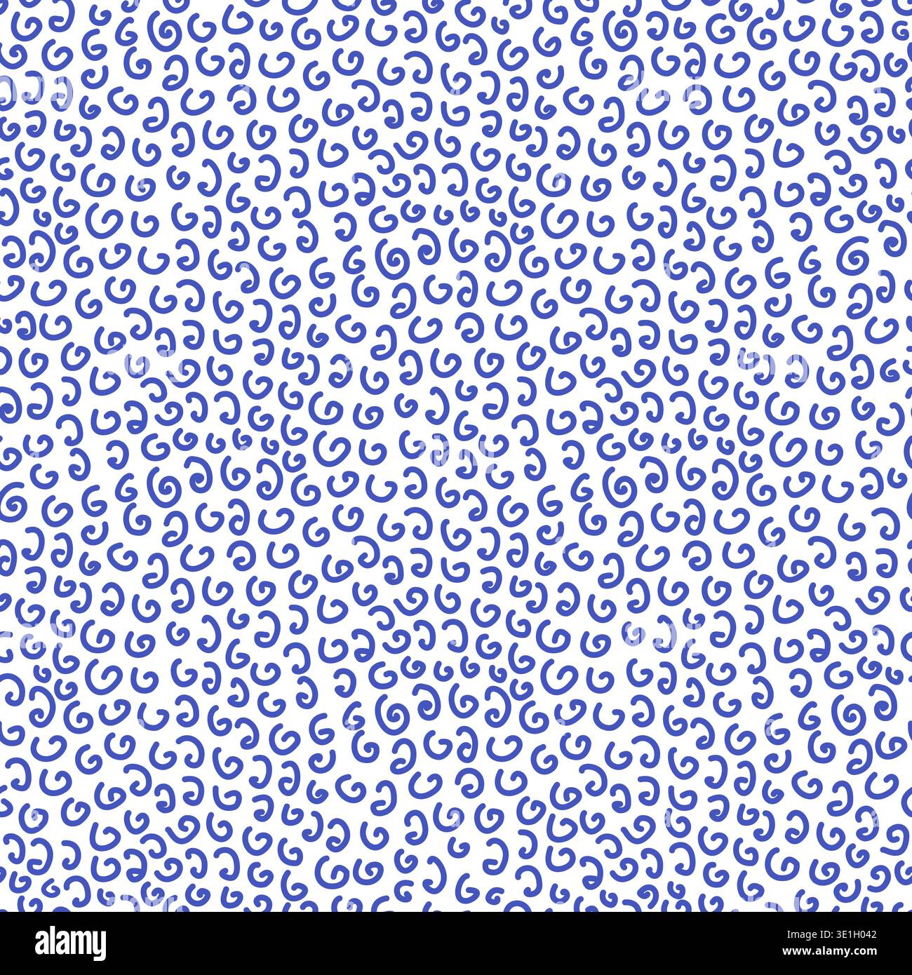 Squiggle and dash seamless pattern with small blue swirl on white background. Small curl and dash motif in naive uneven line for allover print. Irregu Stock Vector