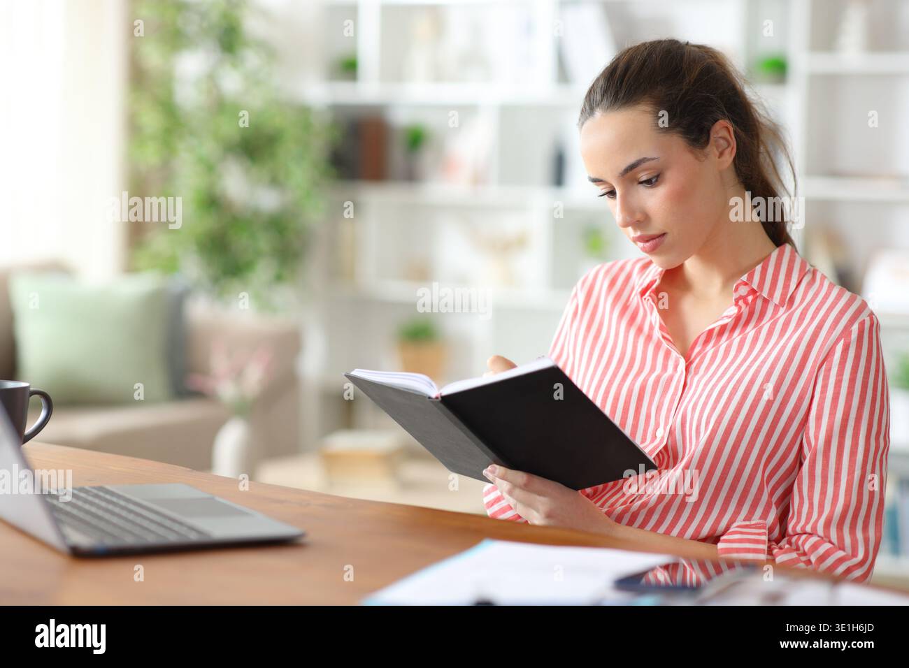 Serious freelance worker taking notes in agenda working at home Stock Photo