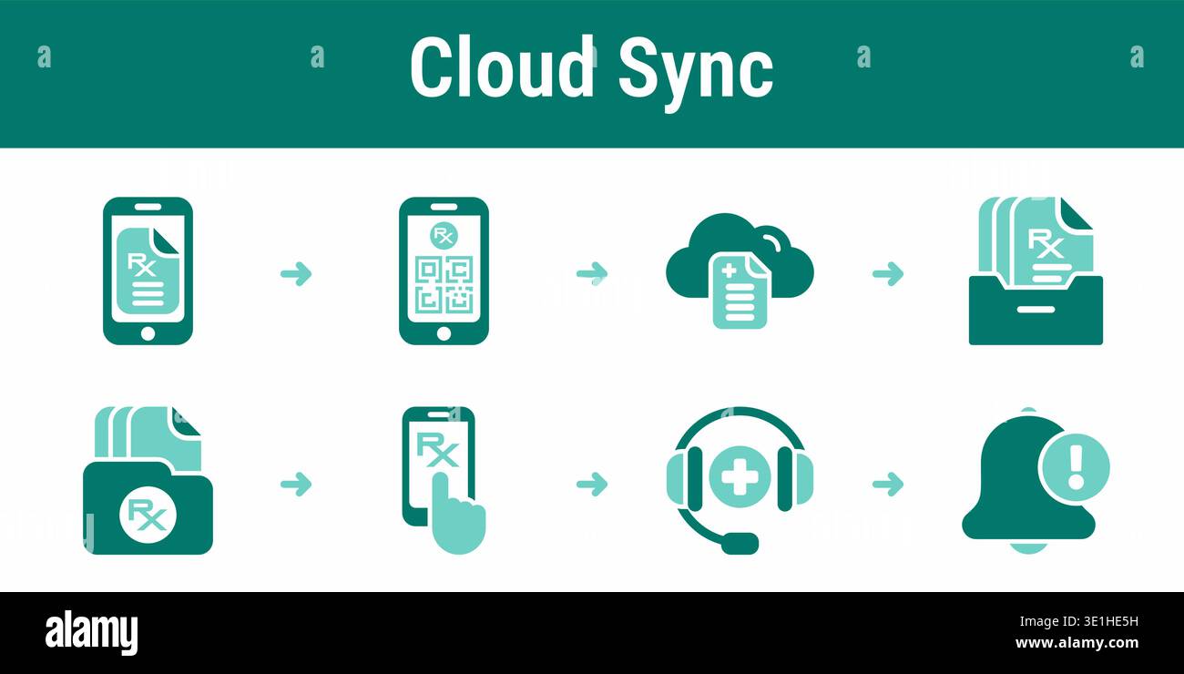 Eight step record management workflow with QR code, cloud storage, archive sync, mobile access, support and notification Stock Vector