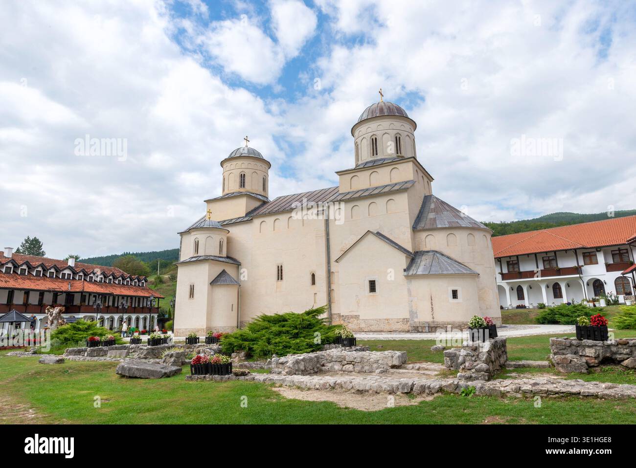 Prijepolje, Serbia - September 16, 2023: Wide view of the Mileševa Monastery complex with the main Orthodox church and surrounding monastery buildings Stock Photo