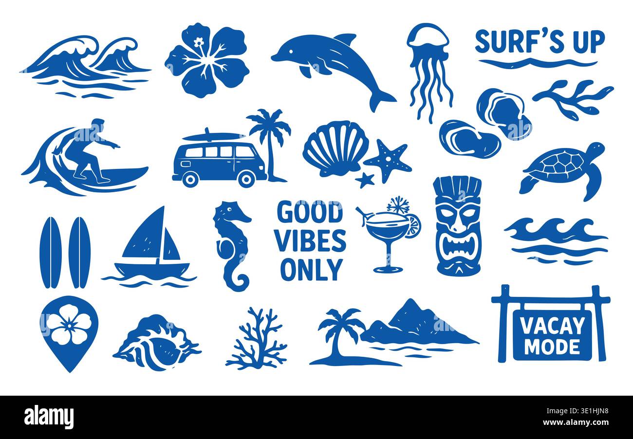 Surf surfboard wave with beach hawaii icon for summer hawaiian hand. Element stamp bali with surf waves tropical for vintage palm sea. Doodle Stock Vector