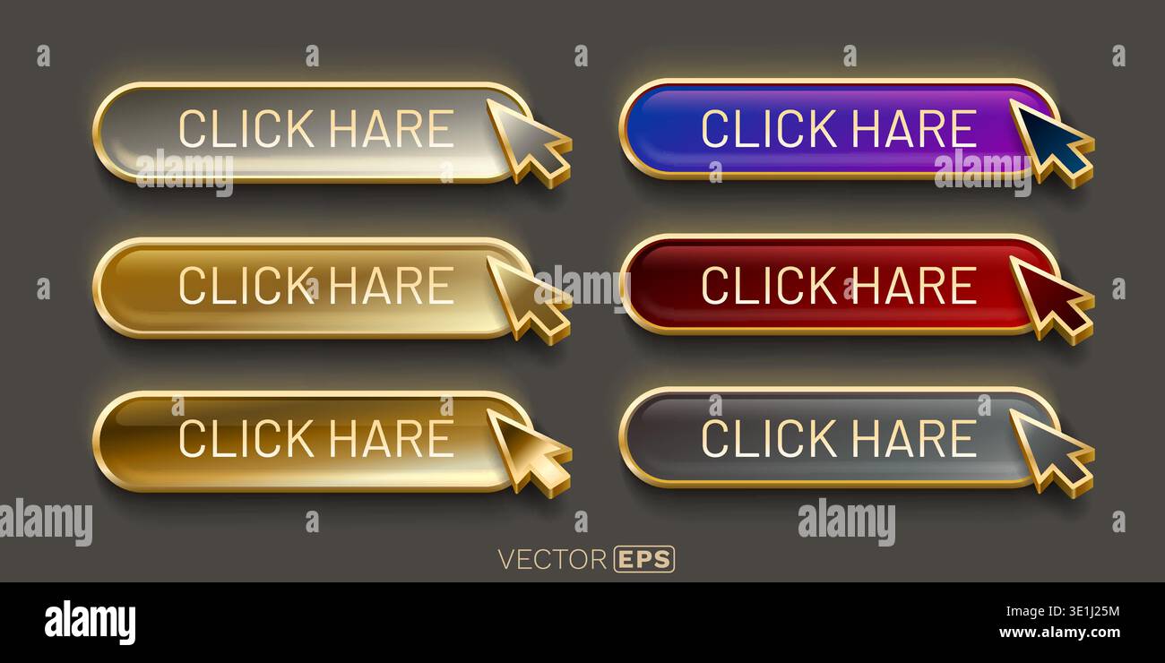 Premium 3D Click Here Buttons Set with Shiny Mouse Pointer, ideal for web design and user interface elements. Vector illustration. Stock Vector